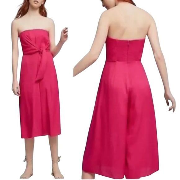 NWT Anthropologie Maeve Brin Pink Rose Strapless Wide Crop Leg Jumpsuit Sz 0 - Picture 2 of 14